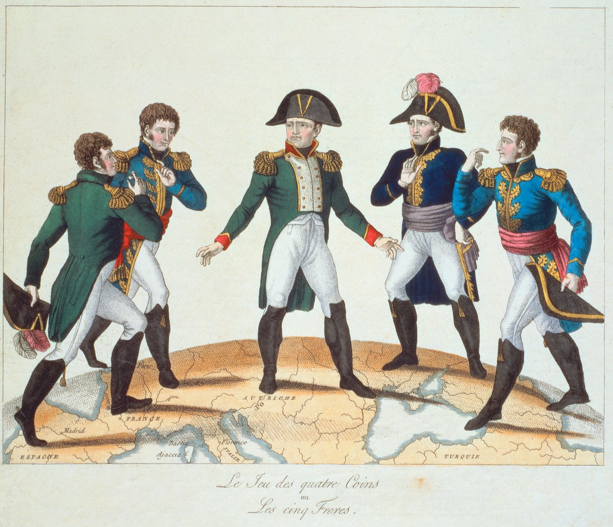 عملات Le Jeu des Quatre أو Les Cinq Freres ، الرسوم المتحركة Bonapartiste التي تصور نابليون وإخوته ، 1808 بواسطة المدرسة الفرنسية