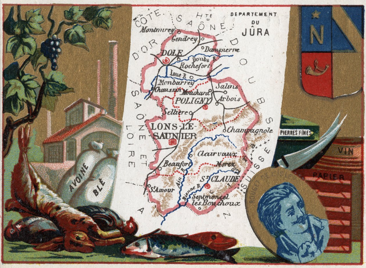 Le Jura (39) ، Franche Comte (Franche-Comte) ، فرنسا. التخصص المحلي: صيد ، شوفان ، قمح ، أحجار كريمة ، نبيذ وورق. صورة شخصية Rouget de L'isle (1760-1836) مؤلف أغنية Marseillaise وغيرها من الأغاني الثورية. سلسلة عن الأقسام الفرنسية. ج بواسطة المدرسة الفرنسية