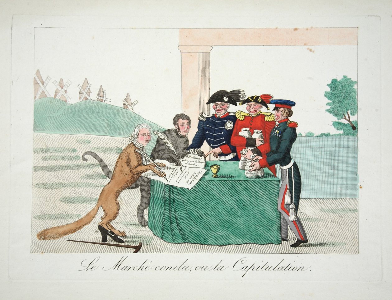 Le Marche Concluded، or the Capitulation، pub. 1814 (نقش ملون يدوي) بواسطة المدرسة الفرنسية