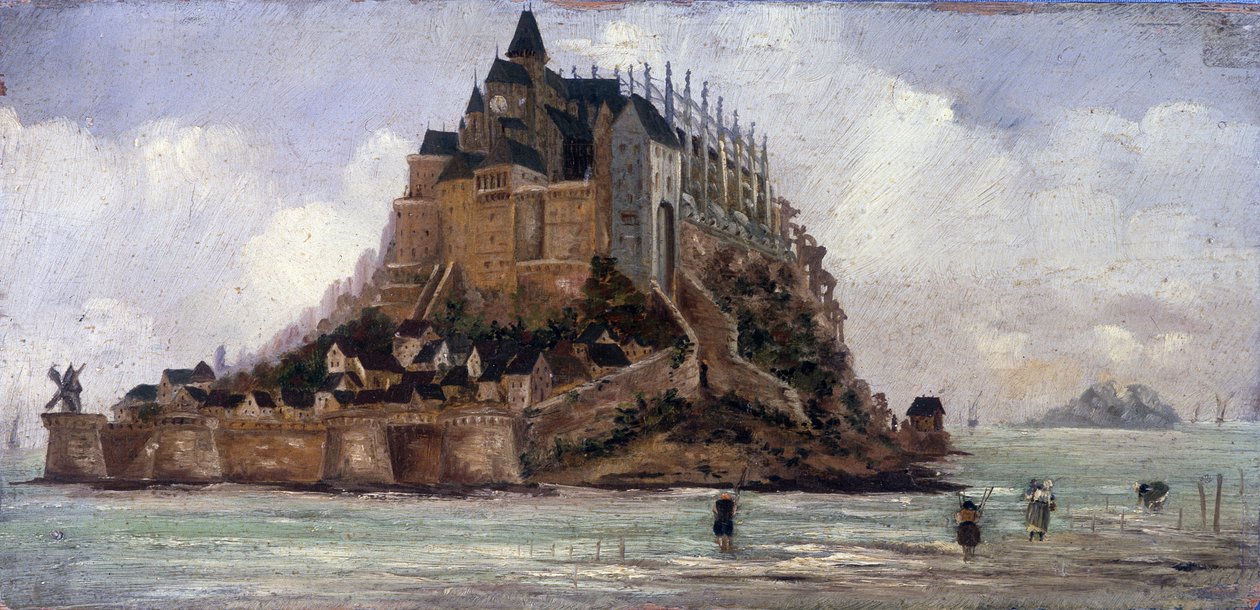 Le Mont Saint-Michel a maree منخفض - زيت على لوح ، مجهول بواسطة المدرسة الفرنسية