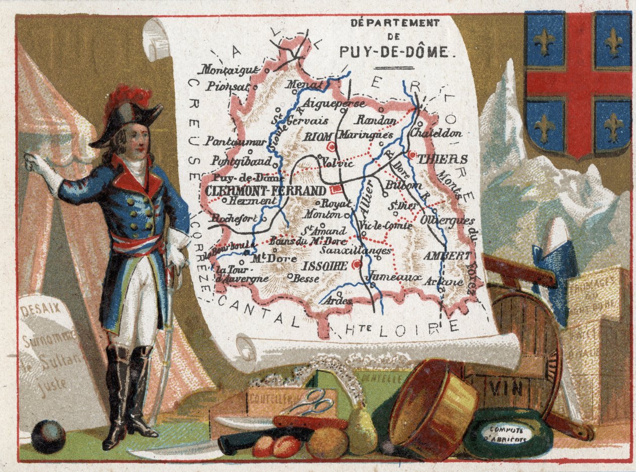 Le Puy Du Dome (Puy-Du-Dome ، 63) ، أوفيرني ، فرنسا. صورة لويس تشارلز أنطوان ديزايكس (1768-1800) ، أدوات مائدة ، نبيذ ، كومبوت المشمش. سلسلة عن الأقسام الفرنسية. الطباعة الحجرية الملونة (Chromo) "" الخيط الجغرافي "" ، حوالي عام 1920. مج بواسطة المدرسة الفرنسية