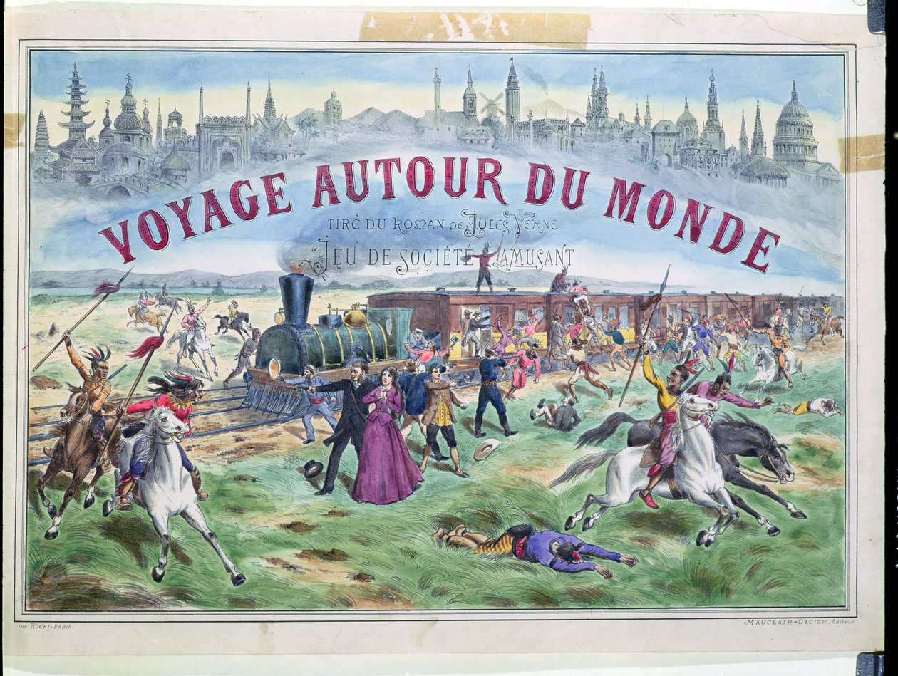 Le Voyage Autour du Monde ، غلاف صندوق للعبة مبنية على أساس حول العالم في 80 يومًا من جول فيرن (1828-1905) بواسطة المدرسة الفرنسية