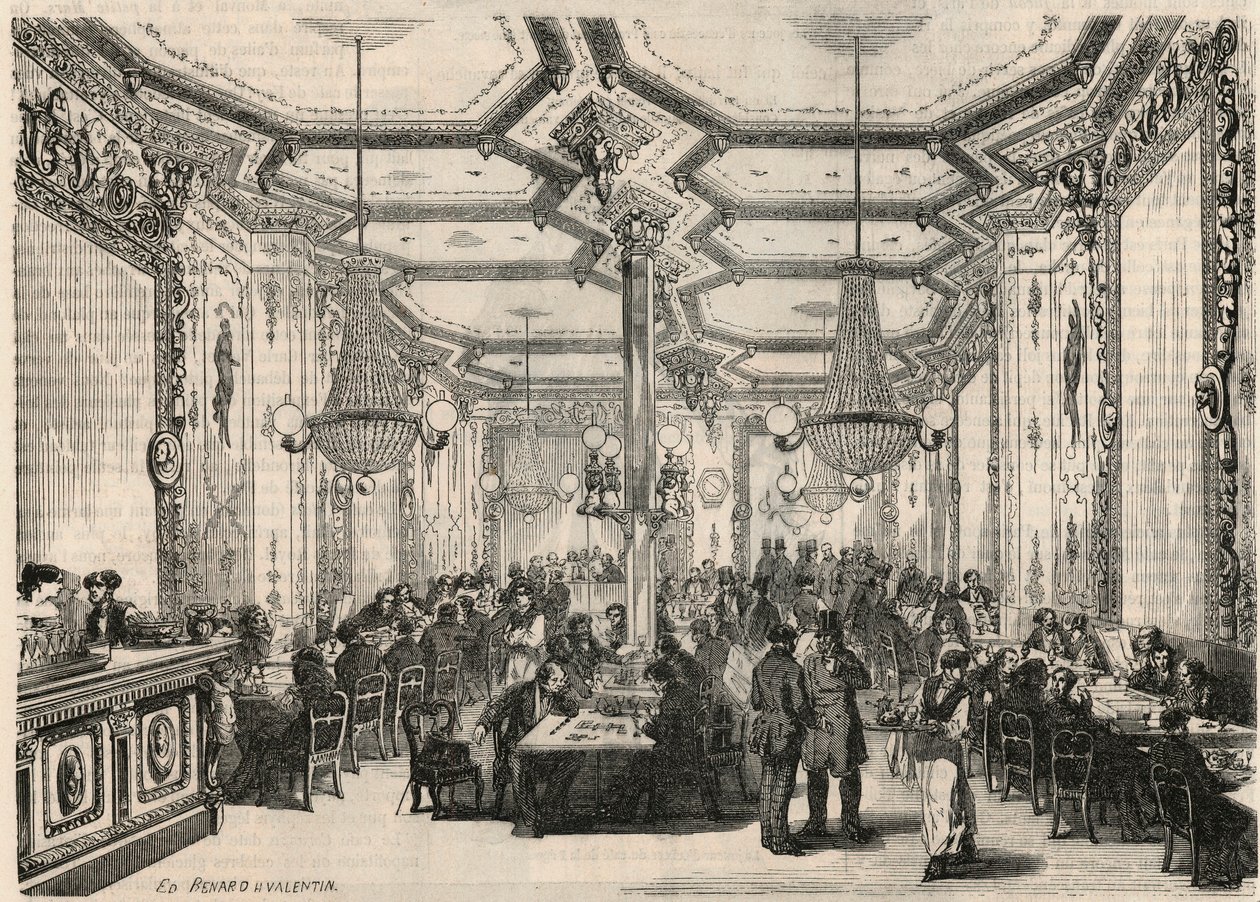Le cafe Pierron في باريس في القرن التاسع عشر - نقش في "Tableau-de-Paris" بواسطة إدموند تيكسييه 1852 بواسطة المدرسة الفرنسية