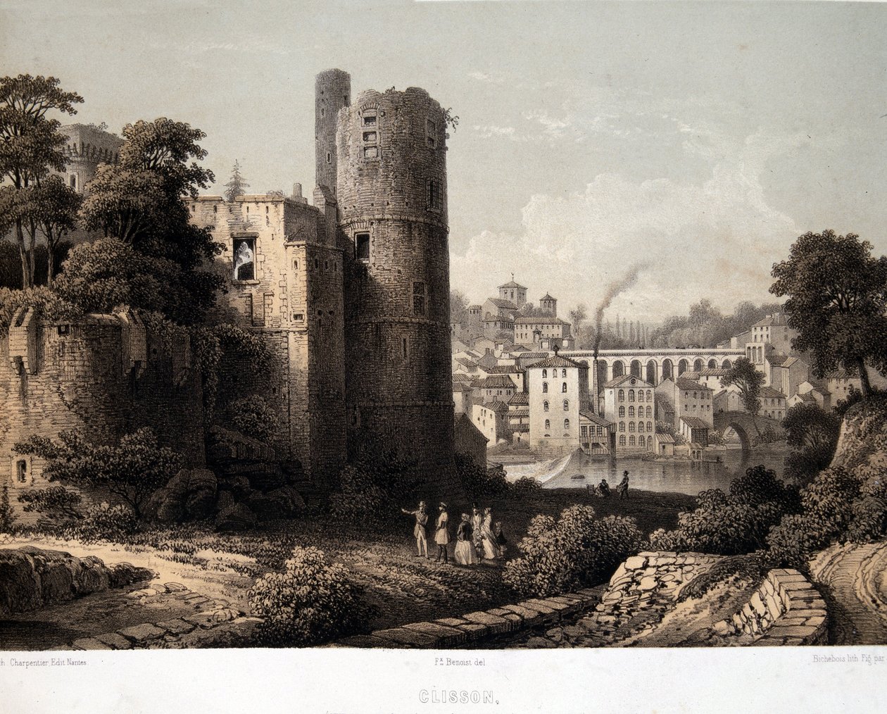 Le chateau de Clisson - Lithography بواسطة المدرسة الفرنسية