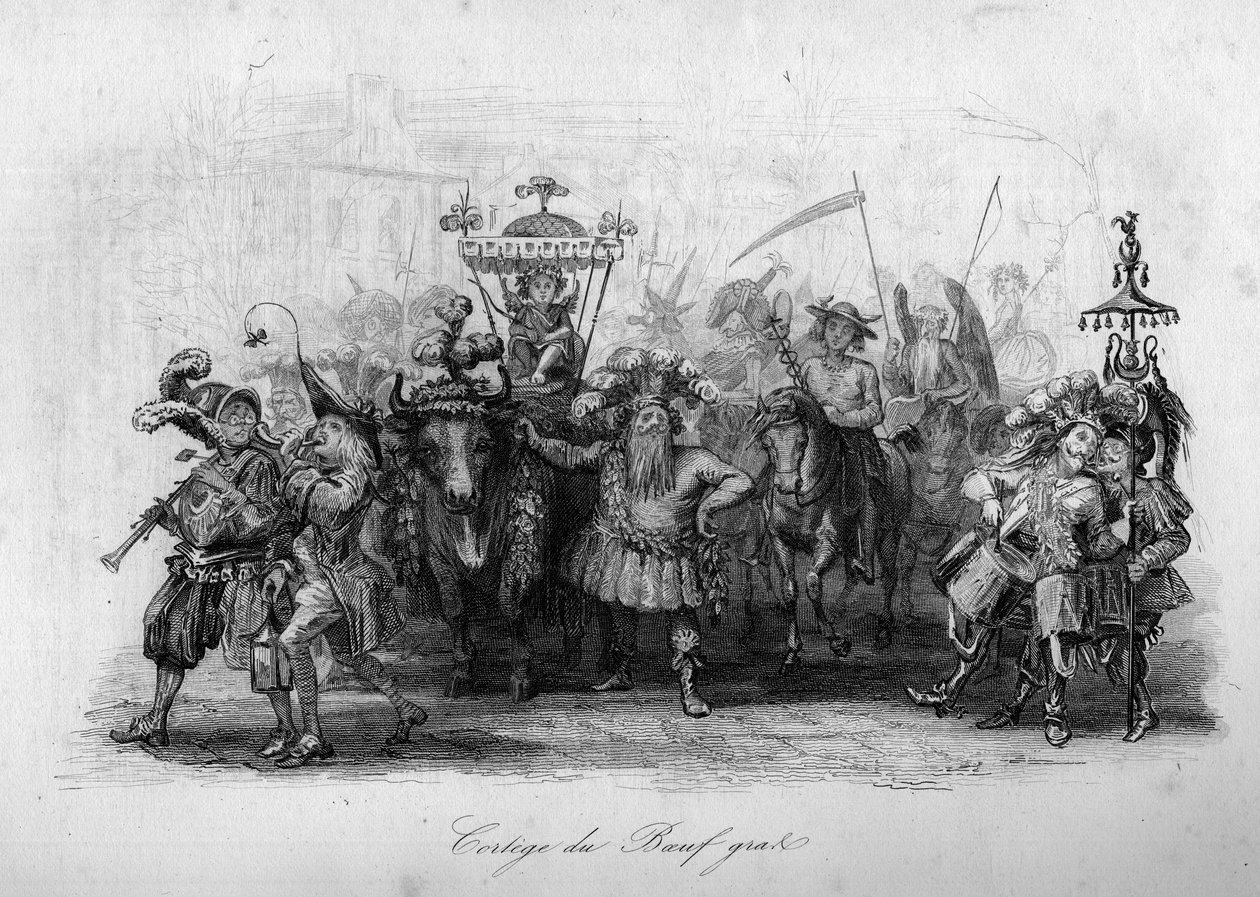Le cortege du boeuf gras (أغنية "Le carnival" من تأليف Marc-Antoine Madeleine Desaugiers) في "" - الأغاني الشعبية والأغاني في فرنسا - 1843 - H. - L. DELLOYE ، الناشر ، LIBRAIRIE DE GARNIER. بواسطة المدرسة الفرنسية