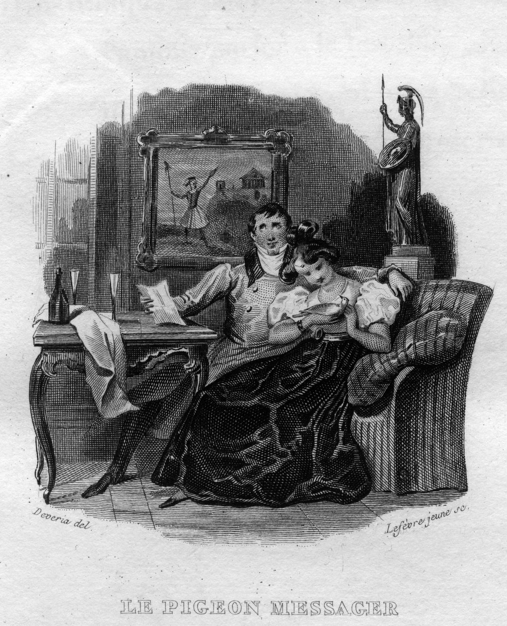 Le pigeon messager Chanson de Beranger في "" Oeuvres Completees "(1834) من تأليف Pierre Jean de Beranger (1780-1857) ، الشاعر وكاتب الأغاني الفرنسي. بواسطة المدرسة الفرنسية