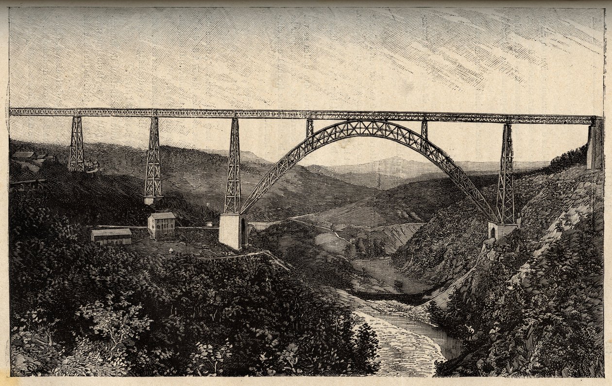 جسر Garabit - Cantal - أوفيرني - رون - ألب - نقش في "" PATRIE - وصف دقيق لفرنسا في 6 مجلدات بواسطة LUCIEN HUARD - نهاية القرن التاسع عشر بواسطة المدرسة الفرنسية