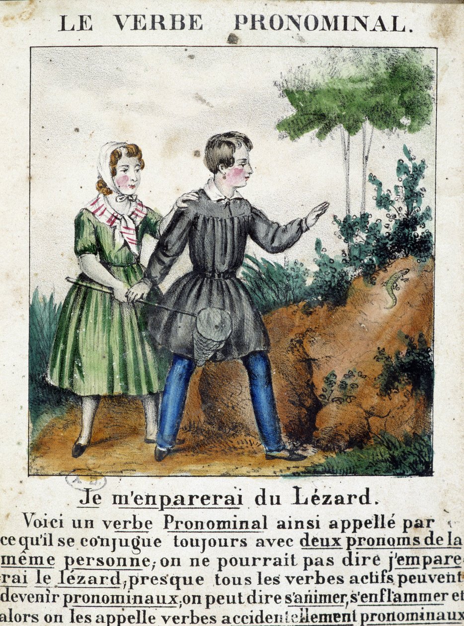 درس في الأفعال الضمنية. في "" La grammaire en images "" ، نشرة الألبوم ، حوالي عام 1850. بواسطة المدرسة الفرنسية