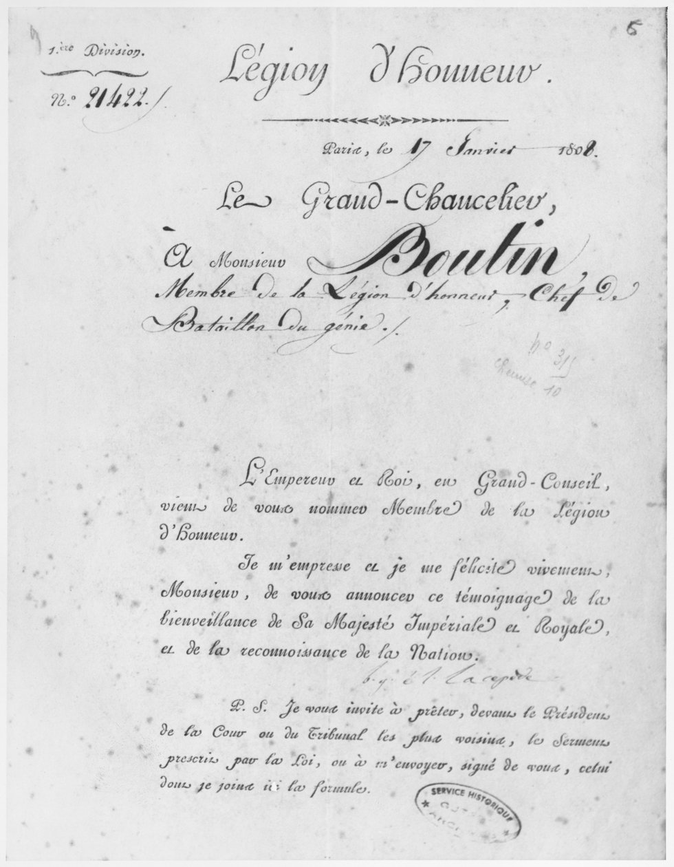 وسام جوقة الشرف المقدم للعقيد جيني بوتين ، 17 يناير 1808 بواسطة المدرسة الفرنسية