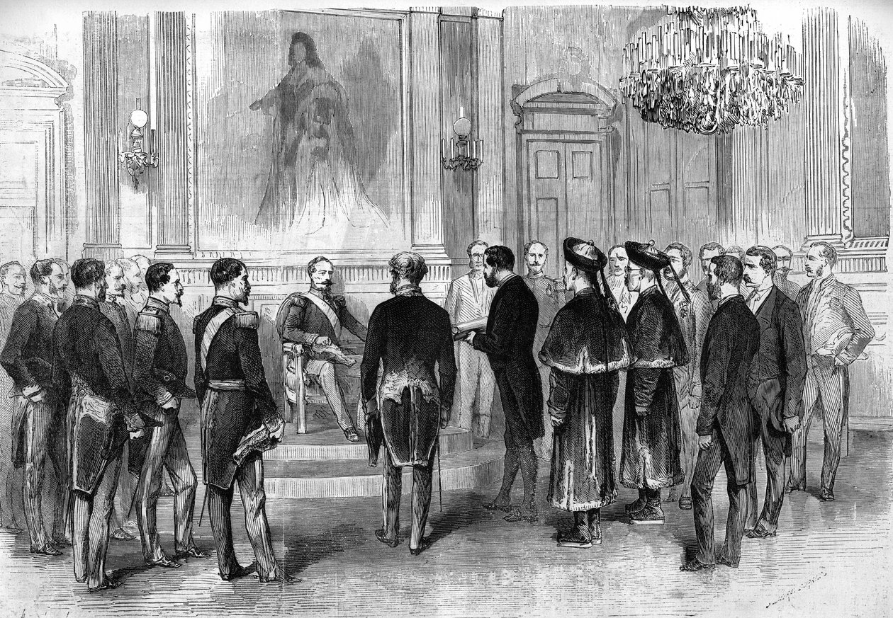 الإمبراطور نابليون الثالث (1808-1873) يستقبل السفراء الصينيين ومترجميهم في صالون التويلري في باريس بواسطة المدرسة الفرنسية