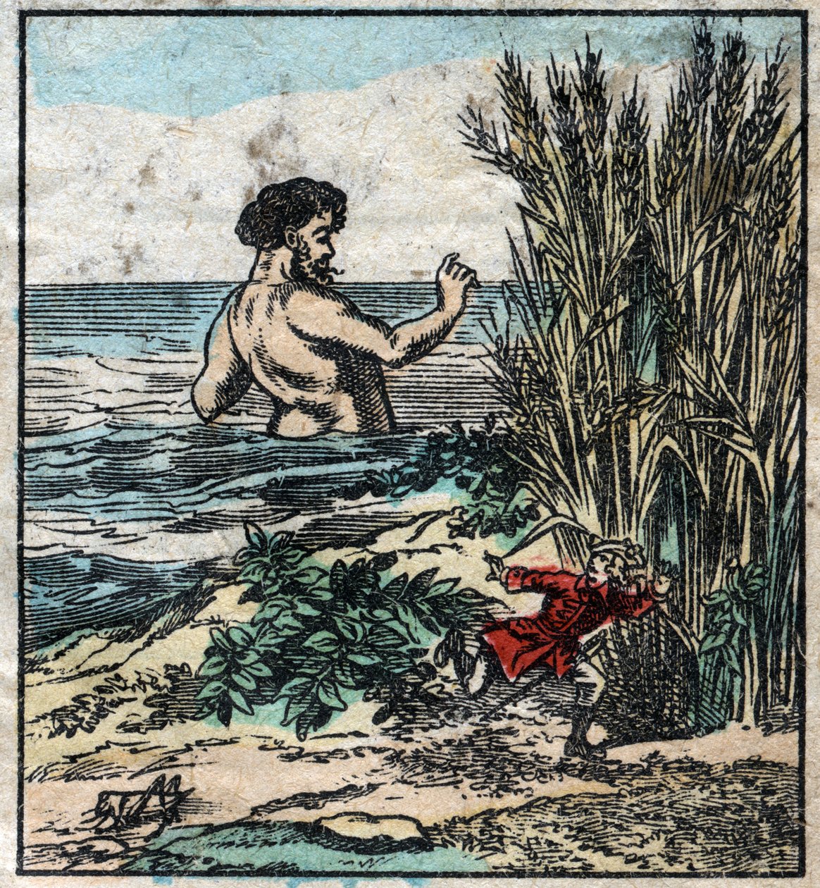 Lemuel Gulliver يختبئ من عملاق في Brobdingnag. رسم توضيحي لـ "" رحلات جاليفر "" لجوناثان سويفت (1667-1745). تصوير إبينال أواخر القرن التاسع عشر. بواسطة المدرسة الفرنسية