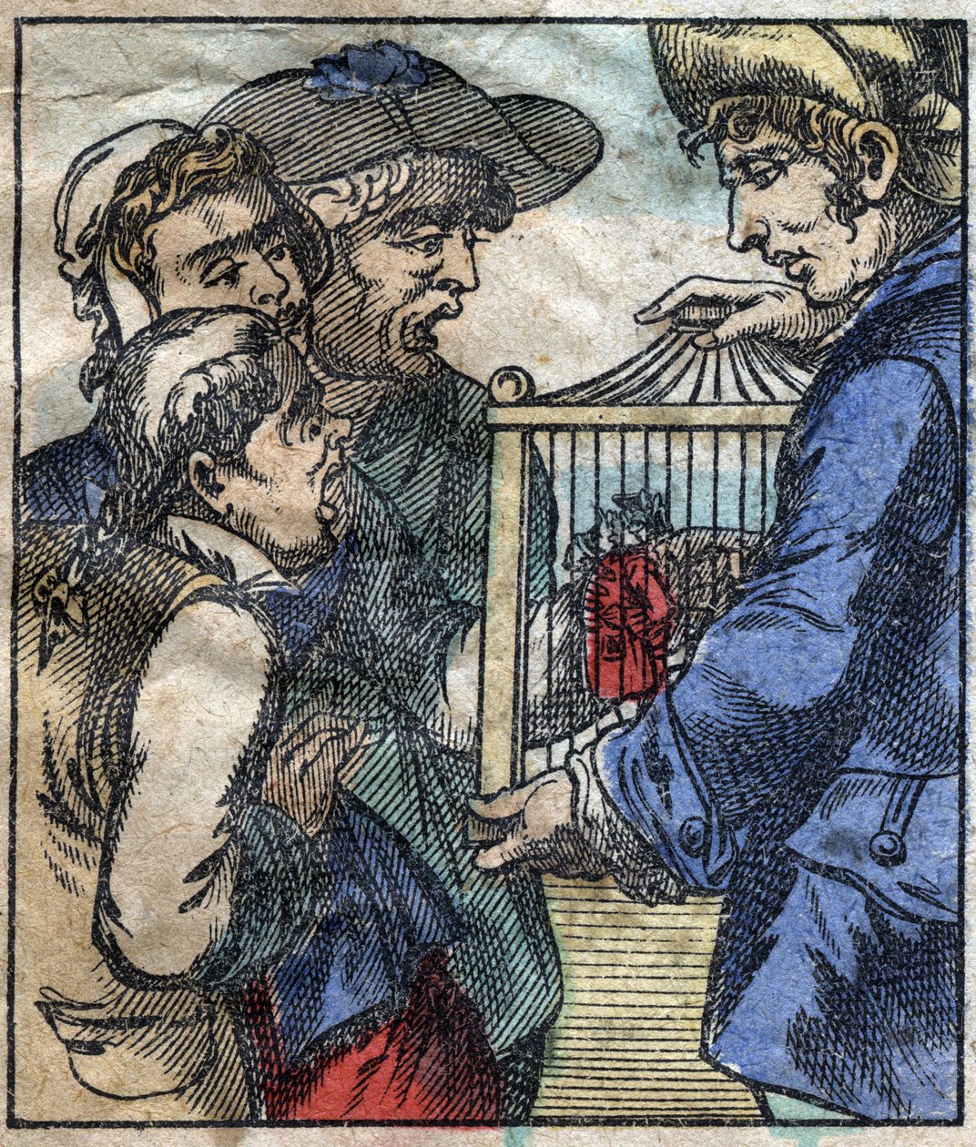 Lemuel Gulliver ، في قفص يظهر لعمالقة Brobdingnag. رسم توضيحي لـ "" رحلات جاليفر "" لجوناثان سويفت (1667-1745). تصوير إبينال أواخر القرن التاسع عشر. بواسطة المدرسة الفرنسية