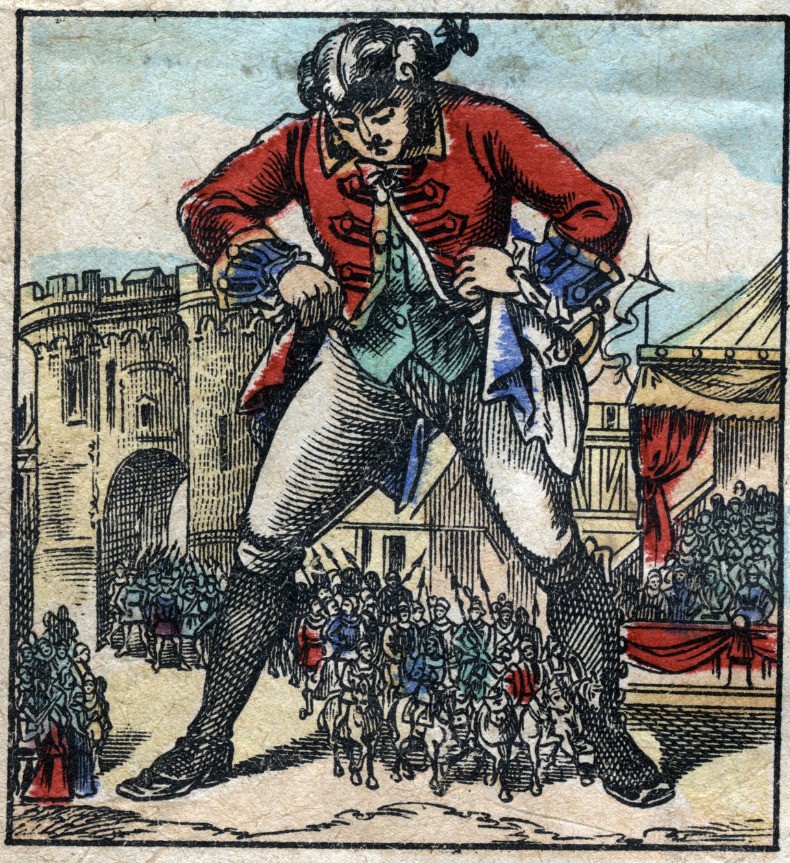 Lemuel Gulliver في أرض Lilliputians. رسم توضيحي لـ "" رحلات جاليفر "" لجوناثان سويفت (1667-1745). تصوير إبينال أواخر القرن التاسع عشر. بواسطة المدرسة الفرنسية
