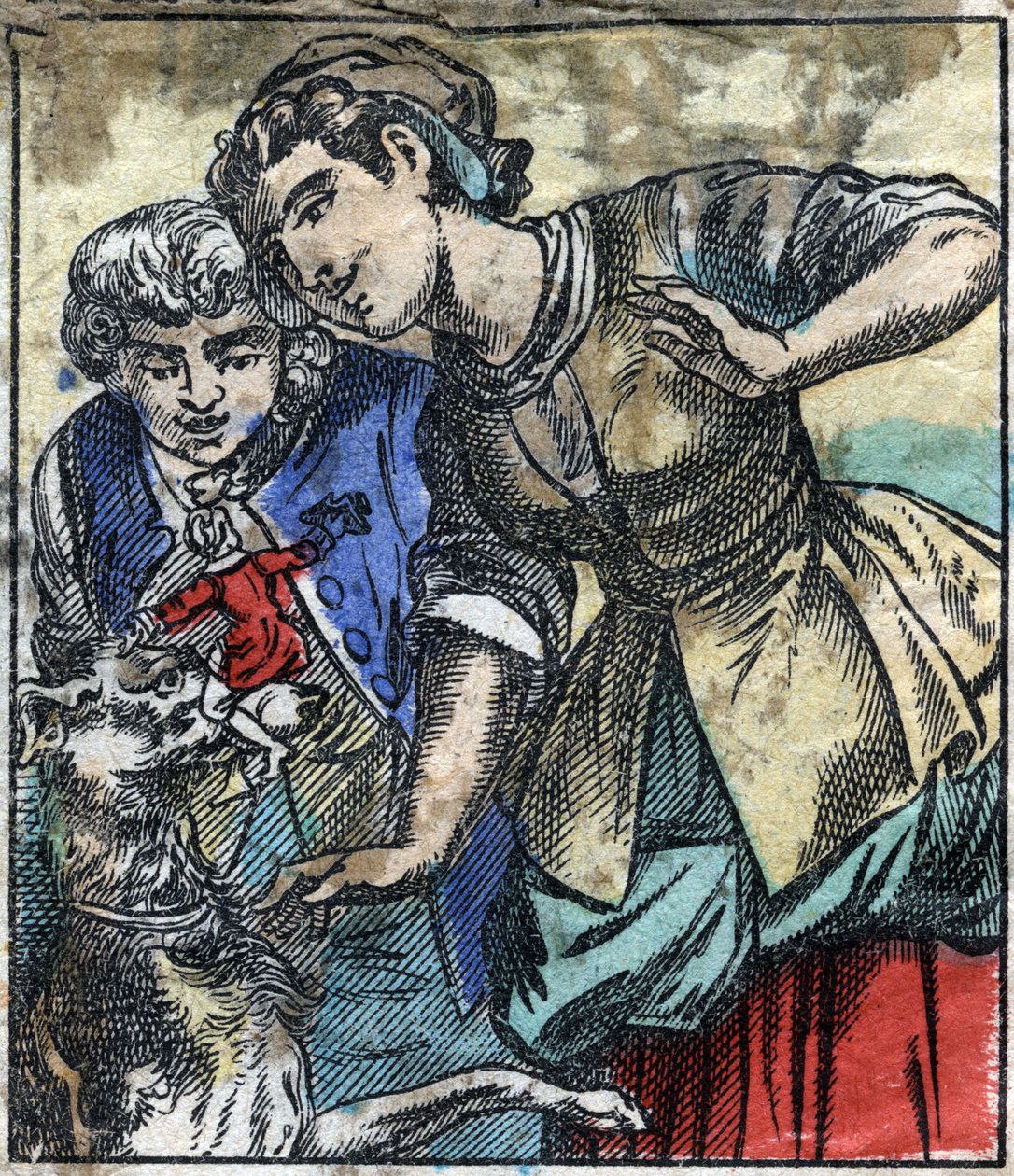 Lemuel Gulliver في أرض عمالقة Brobdingnag. رسم توضيحي لـ "" رحلات جاليفر "" لجوناثان سويفت (1667-1745). تصوير إبينال أواخر القرن التاسع عشر. بواسطة المدرسة الفرنسية