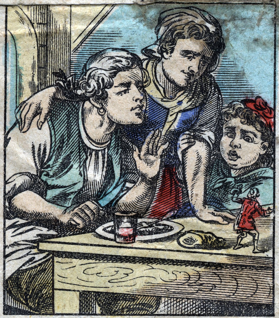 Lemuel Gulliver على طاولة عائلة Glumdalclitch ، في أرض عمالقة Brobdingnag. رسم توضيحي لـ "" رحلات جاليفر "" لجوناثان سويفت (1667-1745). تصوير إبينال أواخر القرن التاسع عشر. بواسطة المدرسة الفرنسية