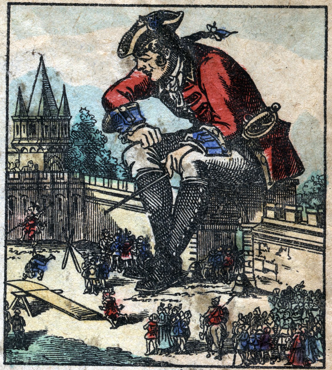 يشرح Lemuel Gulliver الجالس على جدار تحصينات المدينة الاستراتيجية لجيش Lilliputian. رسم توضيحي لـ "" رحلات جاليفر "" لجوناثان سويفت (1667-1745). تصوير إبينال أواخر القرن التاسع عشر. بواسطة المدرسة الفرنسية