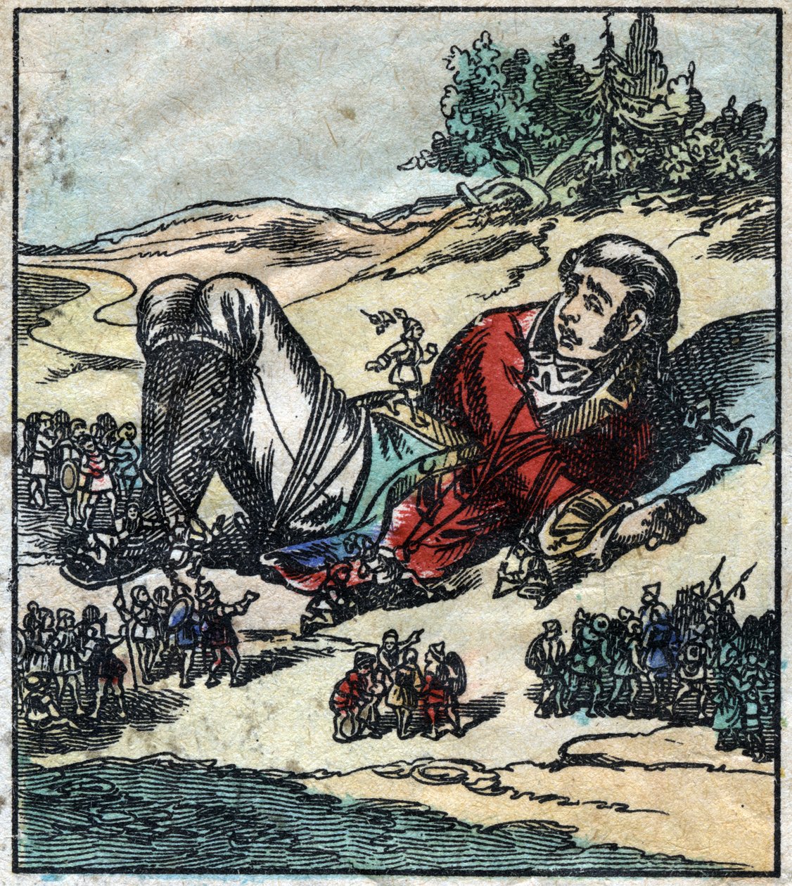 استيقظ Lemuel Gulliver بعد غرق سفينته وتم أسره من قبل Lilliputians. رسم توضيحي لـ "" رحلات جاليفر "" لجوناثان سويفت (1667-1745). تصوير إبينال أواخر القرن التاسع عشر. بواسطة المدرسة الفرنسية