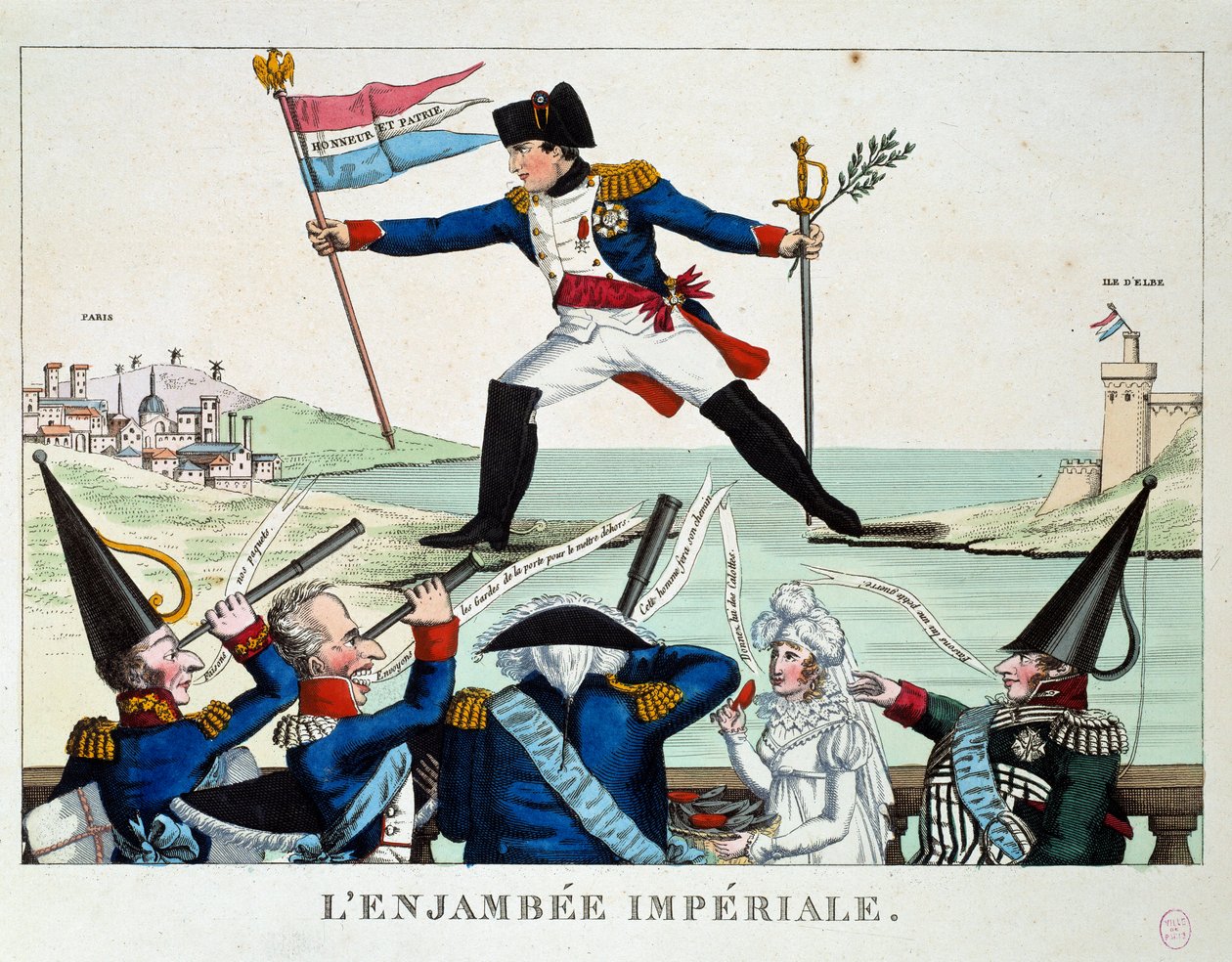 L'enjambee Imperiale ؛ كاريكاتير يمثل نابليون الأول الذي فر من جزيرة إلبا للوصول إلى باريس. على علم "الشرف والوطن". نقش من عام 1815. باريس ، متحف كارنافاليت بواسطة المدرسة الفرنسية