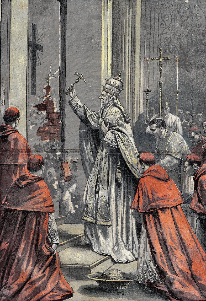 ليون الثالث عشر ، ne Vincenzo Gioacchino Raffaele Luigi Pecci (1810-1903) ، البابا 256 للكنيسة الكاثوليكية ، سلاح مطرقة ذهبية ، يفتح باب اليوبيل في القديس بطرس (القديس بطرس) في الفاتيكان في 24 ديسمبر 1899. نقش في "" Le Pelerin 31/12/1899. بواسطة المدرسة الفرنسية