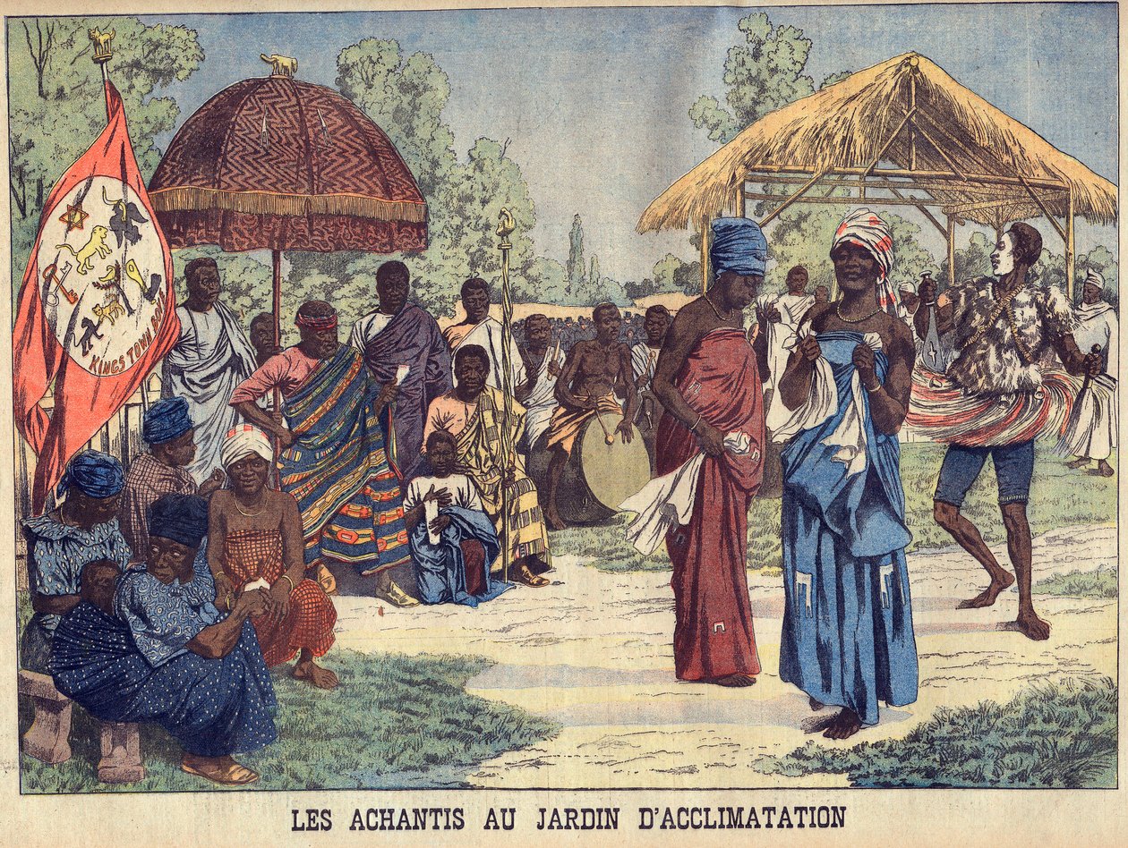 أشانتيس (أشانتي أو أسانتي) من غانا في حديقة جاردين دي أكليماتيشن ، باريس (حديقة الحيوانات البشرية) - في "لو بيتي جورنال" بتاريخ 31/05/1903 (نقش) بواسطة المدرسة الفرنسية