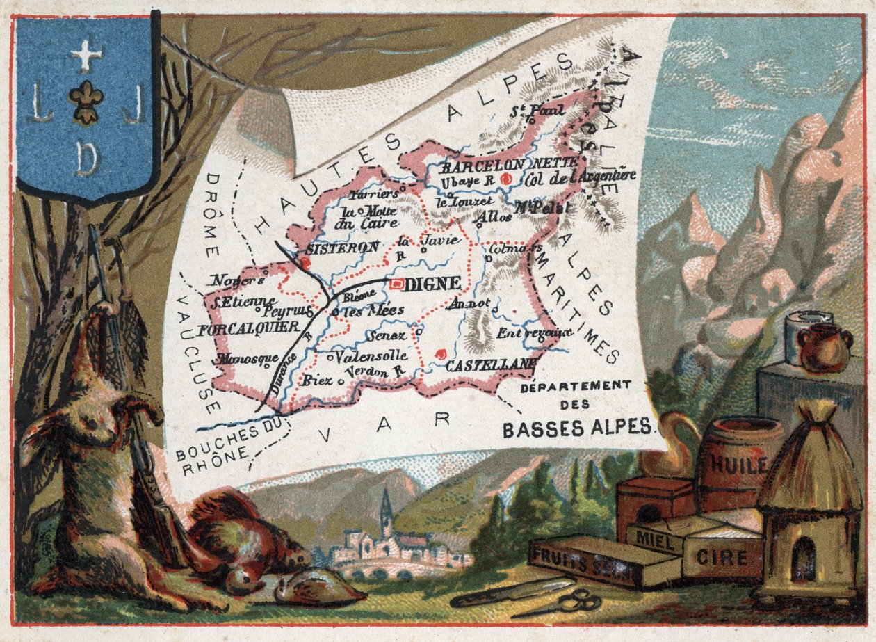 Les Basse Alpes (Basse-Alpes) ، قسم اليوم في Alpes-de-Haute-Provence (Alpes de Haute-Provence 04) ، فرنسا. التخصص المحلي: صيد ، شمع ، عسل ، فواكه مجففة ، زيت. سلسلة عن الأقسام الفرنسية. الطباعة الحجرية الملونة (Chromo) "" الجغرافية بواسطة المدرسة الفرنسية