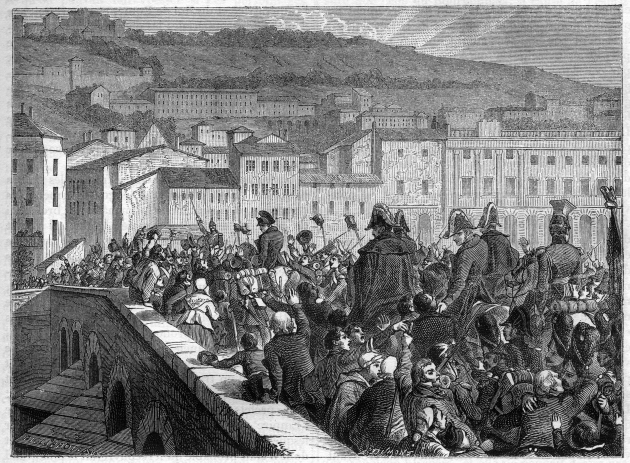 Les Cent Jours: مدخل النصر لنابليون إلى ليون في 10 مارس 1815 - في "تاريخ الإمبراطورية بعد تاريخ القنصلية" لأدولف تيير - 1879 - مجموعة خاصة بواسطة المدرسة الفرنسية