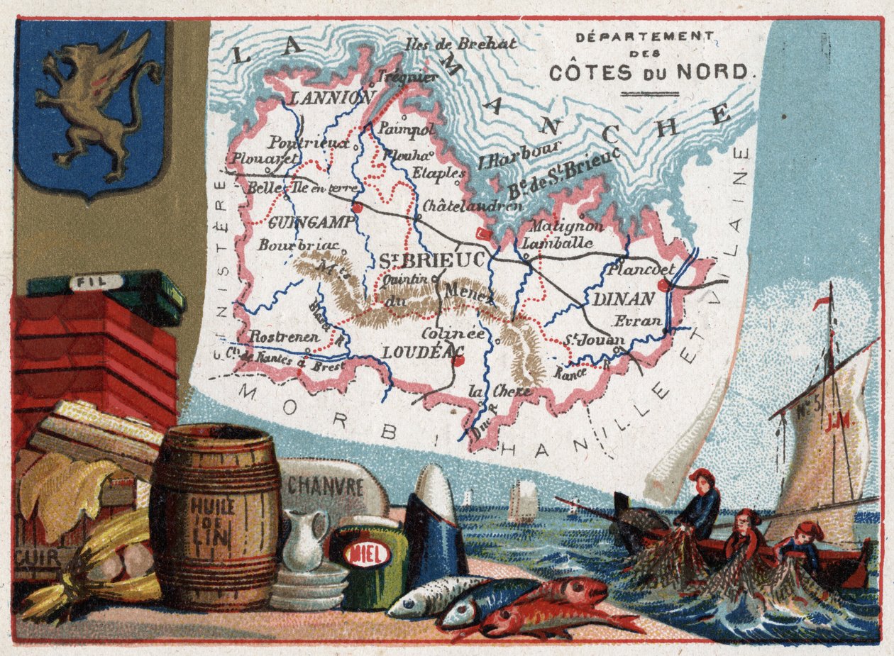 Les Cotes du Nord (الآن Cotes d'Armor أو Cotes d'Armor ، 22) ، بريتاني ، فرنسا. التخصص المحلي: صيد الأسماك وزيت بذر الكتان والقنب والعسل والخيوط والجلود. سلسلة عن الأقسام الفرنسية. الطباعة الحجرية الملونة (Chromo) "" الخيط الجغرافي " بواسطة المدرسة الفرنسية