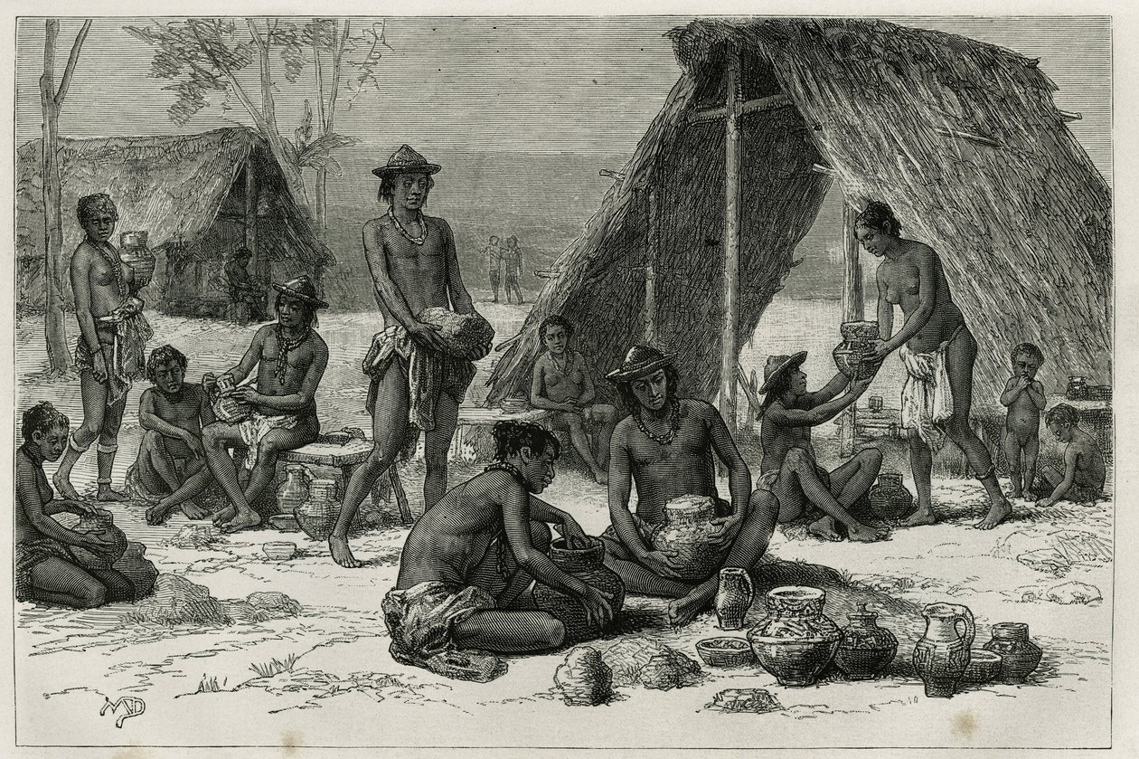 Les Indiens Galibis (or Kalinas) making pottery, engraving by D.Maillart, to illustrate the voyage of exploration in the interior of Guiana by Dr. Jules Crevaux, doctor of the French Navy, in 1876-1877, published in the tour du monde, under the direction o بواسطة المدرسة الفرنسية