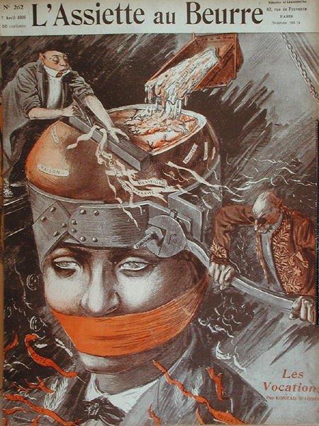 "Les Vocations" ، رسم توضيحي لغلاف "L'Assiette au Beurre". 7 أبريل 1906 (لون ليثو) بواسطة المدرسة الفرنسية