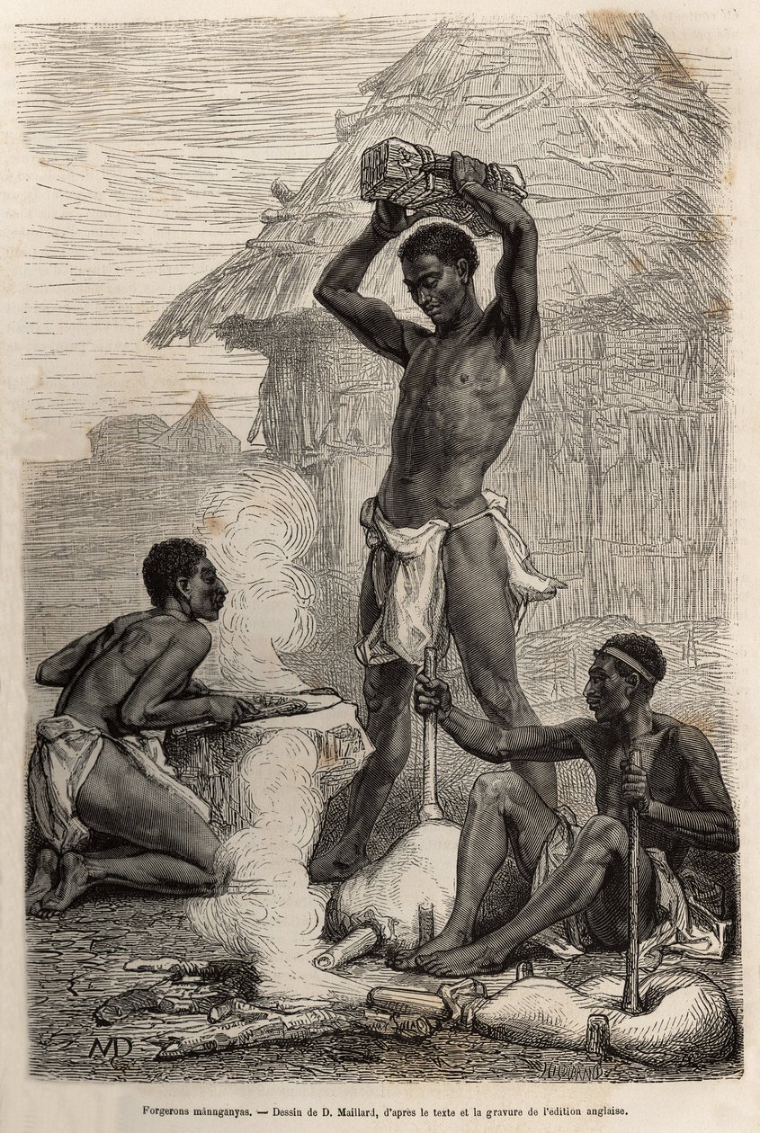ليه حداد مانغانياس ، في قرية على طول نهر لوالابا (نهر الكونغو الحالي) ، نقش بعد رسم دي ميلارد ، يوضح آخر مذكرات ديفيد ليفينغستون (1813-1873) ، في 1866-1873 ، نُشرت في "" Le Tour du monde "" 1875 ، الذي حرره بواسطة المدرسة الفرنسية