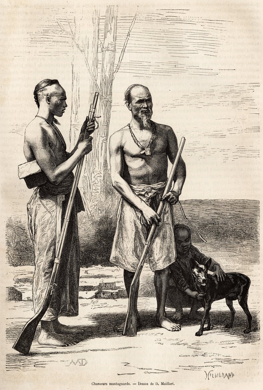 Les chasseurs montagnards de l'île Formose ، نقش بعد رسم لـ D. Maillard ، يوضح الرحلة إلى الصين ، بواسطة J. Thompson ، في 1870-1872 ، نُشر في "" Le tour du monde "" "1875 ، من تحرير إدوارد شارتون ، طبعة Hachette ، باريس. مجموعة بواسطة المدرسة الفرنسية
