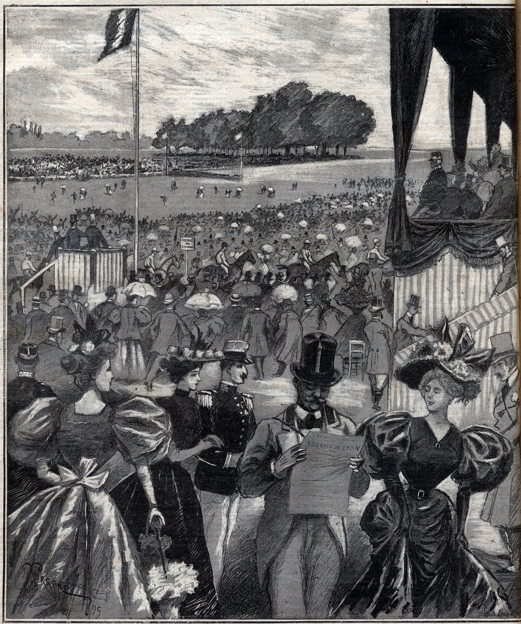 لي كورس دي ليون (حلبات السباق في ليون) - بعد الجائزة الكبرى - نقش في "Le Progres اللامع" "عام 1895 بواسطة المدرسة الفرنسية