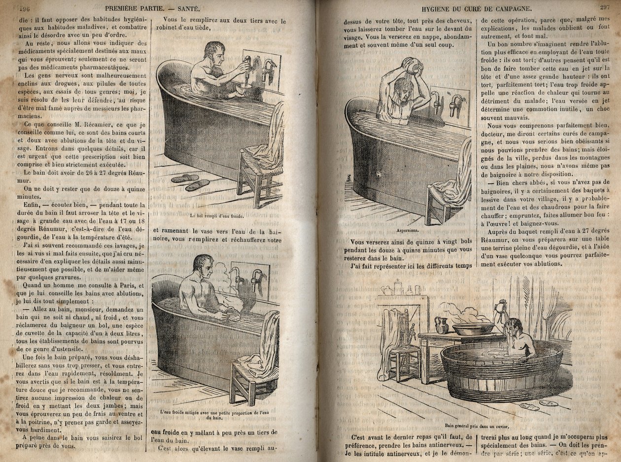 Les Gestures du bain - Hygiene au 19th القرن - رجل في حوض الاستحمام - نقش في "La Sante Universelle - Guide Medical des Familles" 1852 بواسطة المدرسة الفرنسية