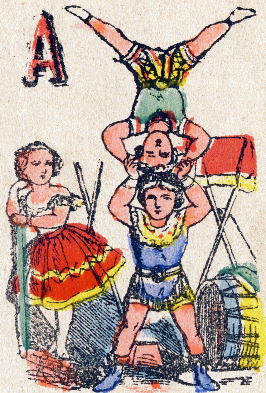 حرف أ بهلوان. نقش في "الأبجدية دي جيو" ". السيد فان ، محرر ، Pont-a-Mousson ، أواخر القرن التاسع عشر. سلسلة الوردي. 12 صفحة. ألبوم يحتوي على طريقة قراءة مبسطة ومقطع مصور. قاتمة: 16.5 × 11 سم بواسطة المدرسة الفرنسية