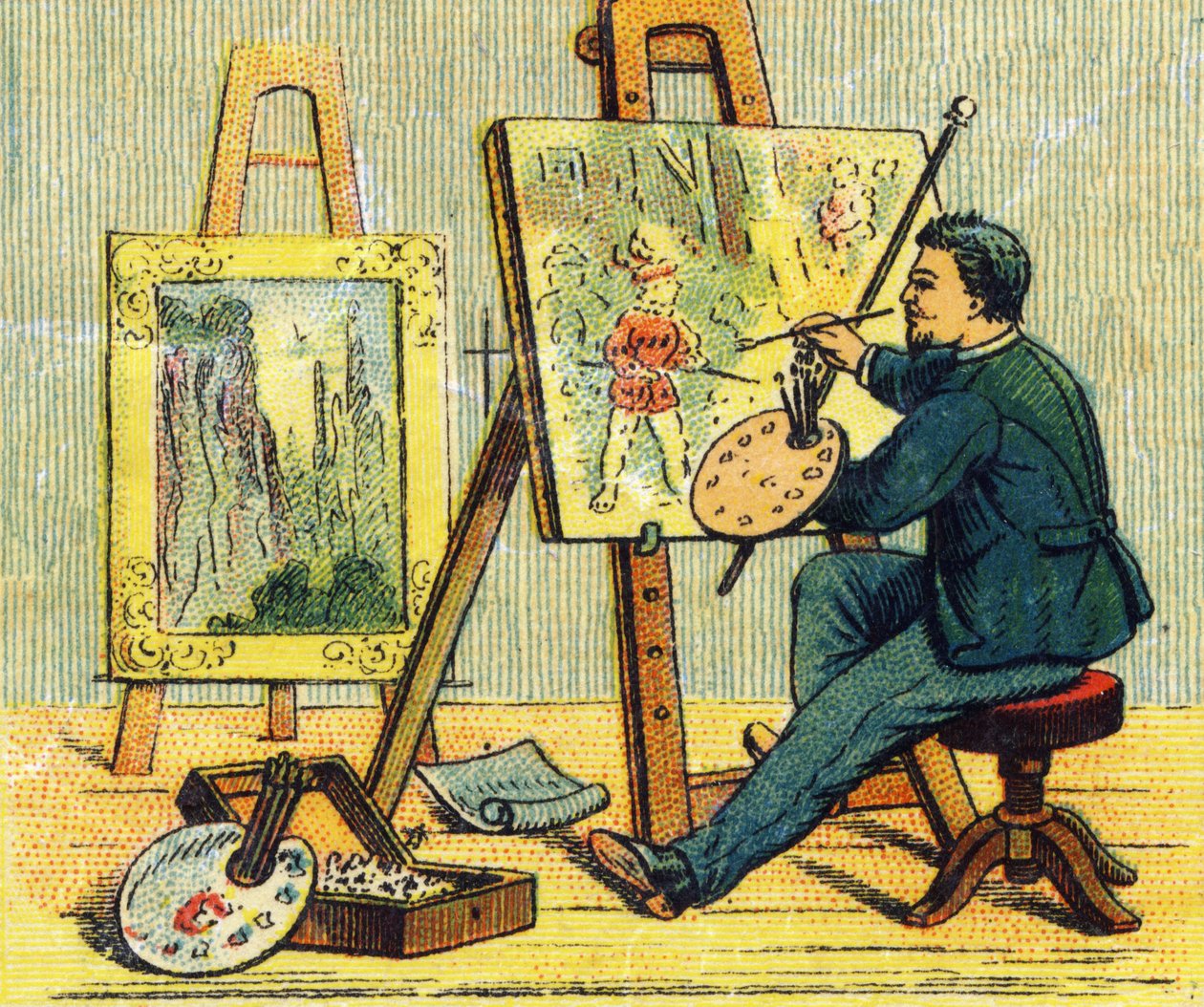 حرف أ: رسام في مرسمه. نقش "ABC غير مرغوب فيه على قماش مطلي بالورنيش". A. Capendu ، محرر ، باريس ، أواخر القرن التاسع عشر. مكتبة الأطفال مصورة. 8 صفحات. قاتمة: 21.5 × 18 سم. بواسطة المدرسة الفرنسية