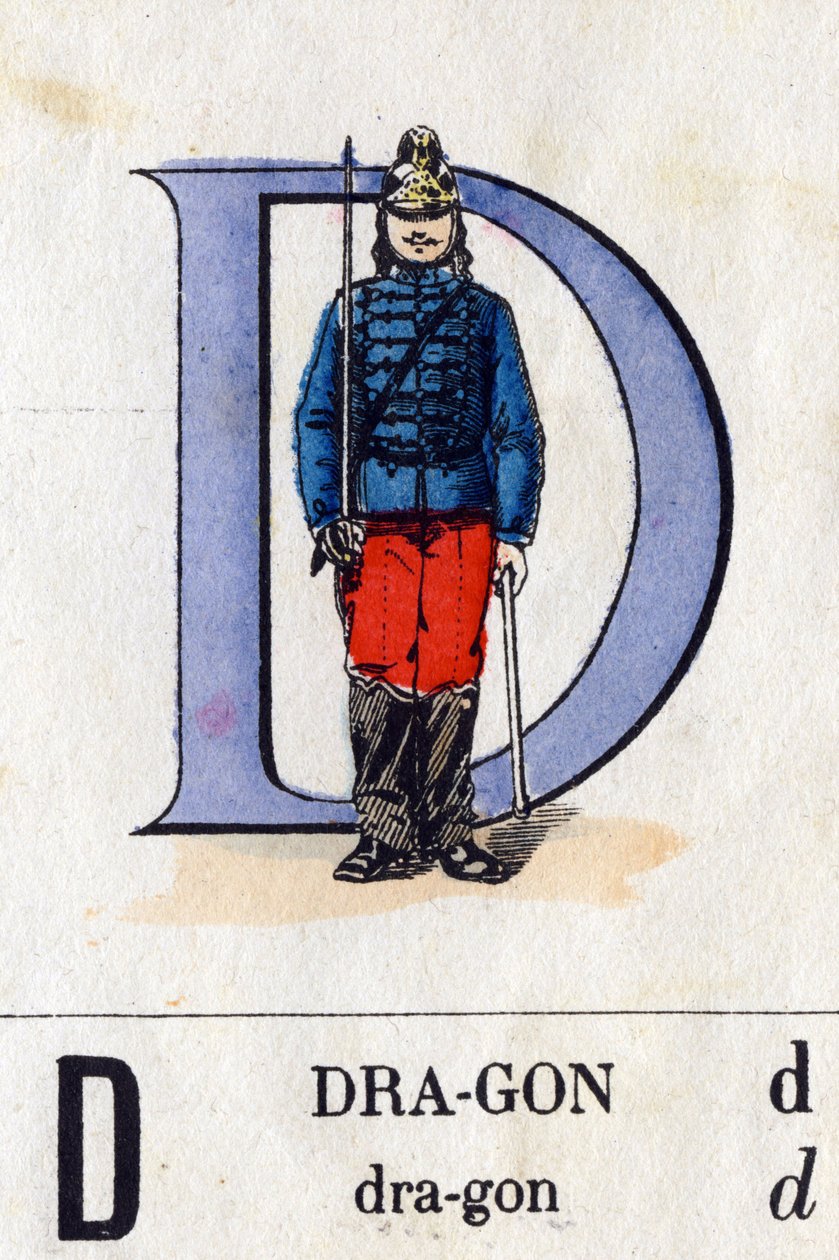 حرف D كتنين. الأبجدية العسكرية (ABC أو abecedary). تصوير إبينال ، حوالي 1870-1880). نقوش خشبية ملونة بالاستنسل. مجموعة خاصة بواسطة المدرسة الفرنسية