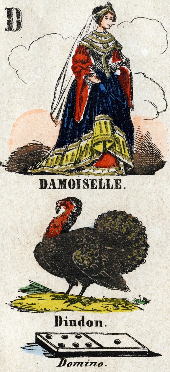 Letter D as damoiselle, turkey and domino. Small encyclopedic alphabet. Imaging of Epinal, circa 1860. Wood engraving, stencilled with gilding. Dim: 37,8x50,3cm. Private Collection بواسطة المدرسة الفرنسية