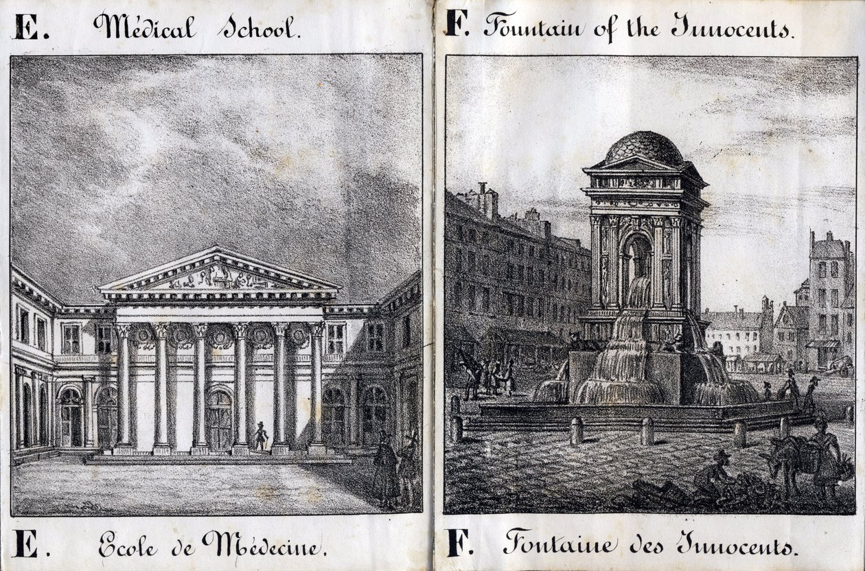 الحرفان E و F: مدرسة الطب ونافورة الأبرياء - "Alphabet Picturesque des Monumens de Paris" حوالي 1840 (نقش) بواسطة المدرسة الفرنسية