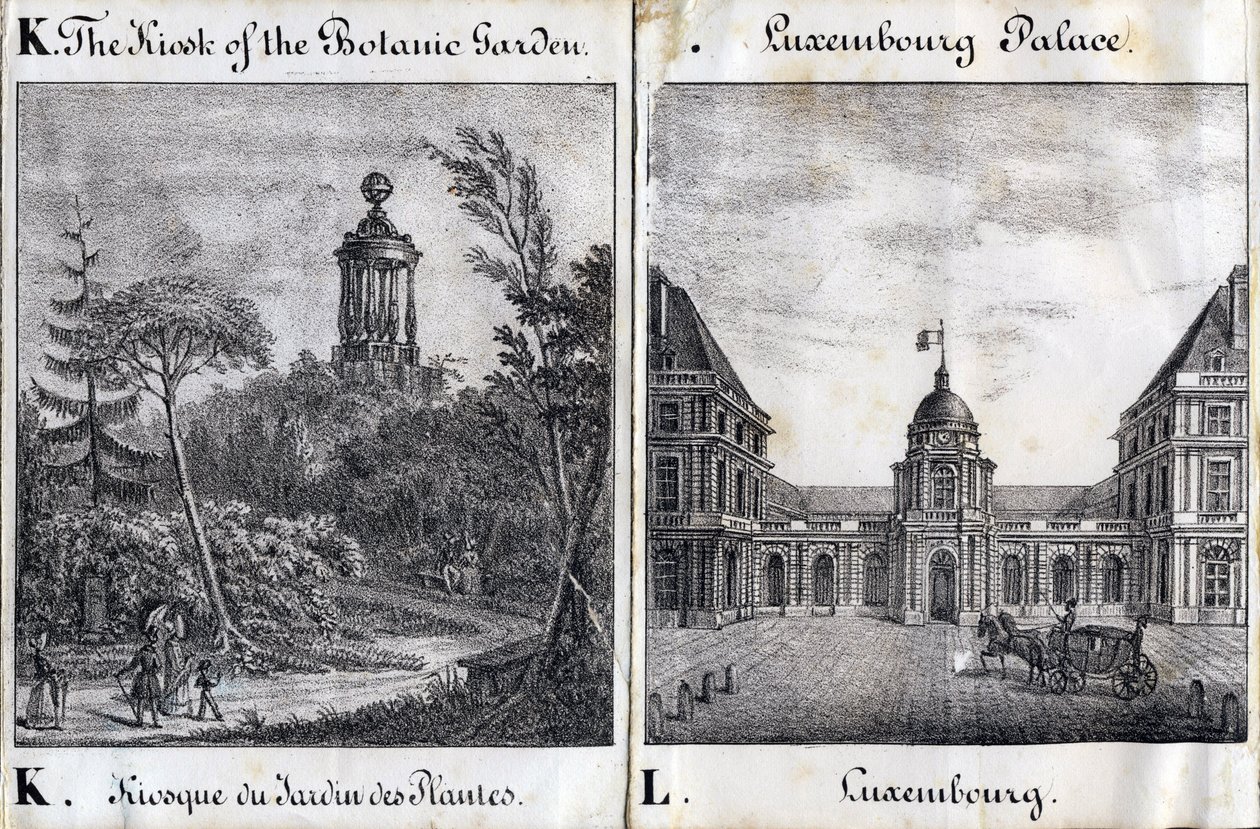 كشك Letter K of the Jardin des Plantes and L Palais du Luxembourg - "Alphabet Picturesque des Monumens de Paris" حوالي 1840 (نقش) بواسطة المدرسة الفرنسية