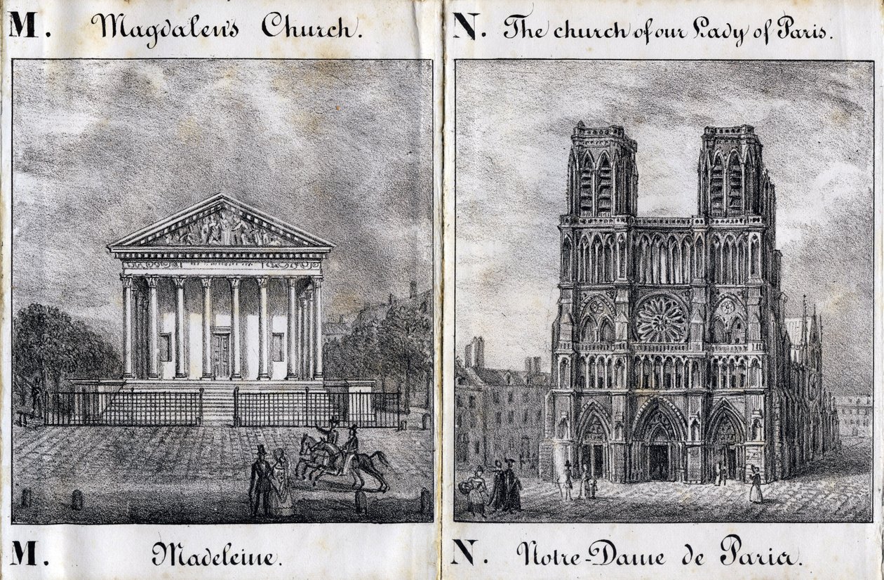 رسالة M Madeleine و N Notre-Dame de Paris (Notre Dame de Paris) - "Alphabet Picturesque des Monumens de Paris" حوالي 1840 (نقش) بواسطة المدرسة الفرنسية
