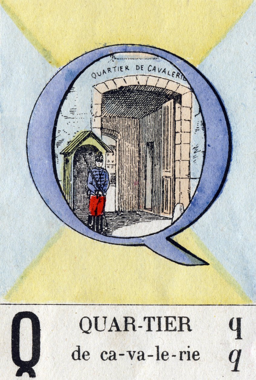 حرف Q كحي. الأبجدية العسكرية. تصوير إبينال ، حوالي 1870-1880. نقوش خشبية ملونة بالاستنسل بواسطة المدرسة الفرنسية