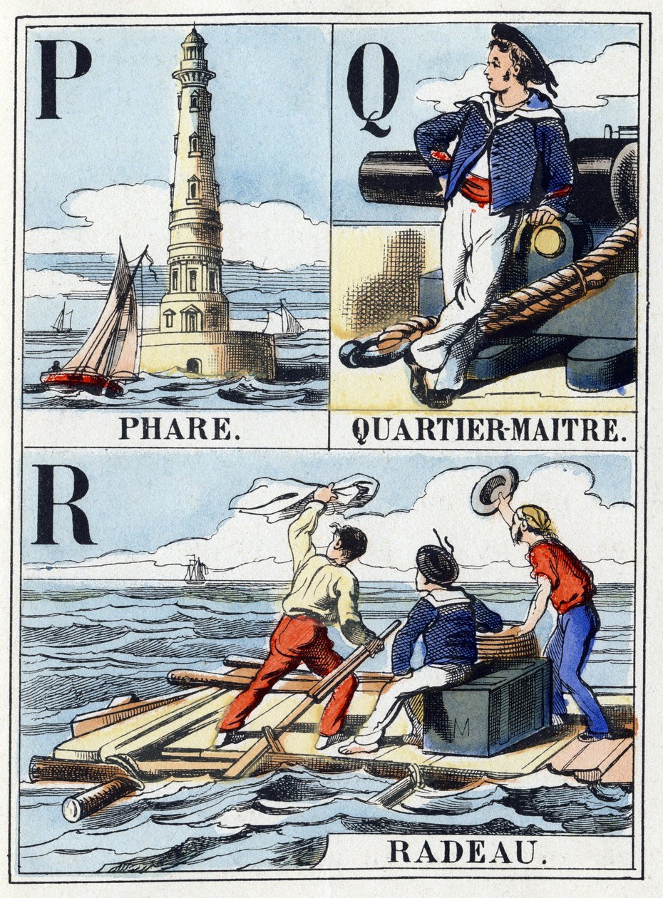الحروف P كـ Lighthouse ، حرف Q كـ Quartier Maitre ، حرف R كـ Raft. أبجدية من 16 صفحة تحتوي على أبجدية بأحرف كبيرة. صورة إبينال ، أواخر القرن التاسع عشر. نقوش خشب ستينسيل مقاس: 21x14،5 سم بواسطة المدرسة الفرنسية