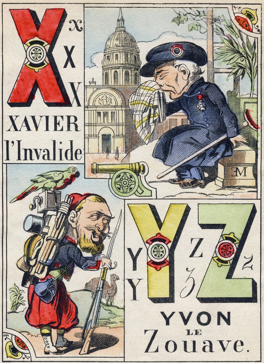 الحروف X Y Z: Xavier الصالح وايفون الزواف. نقش في "الأبجدية العسكرية الهزلية". السلسلة الخامسة. تصوير الإبينال. Pellerin & Cie ، طابعات ، إبينال ، أواخر القرن التاسع عشر. 16 صفحة. قاتمة: 25x18،5 سم بواسطة المدرسة الفرنسية