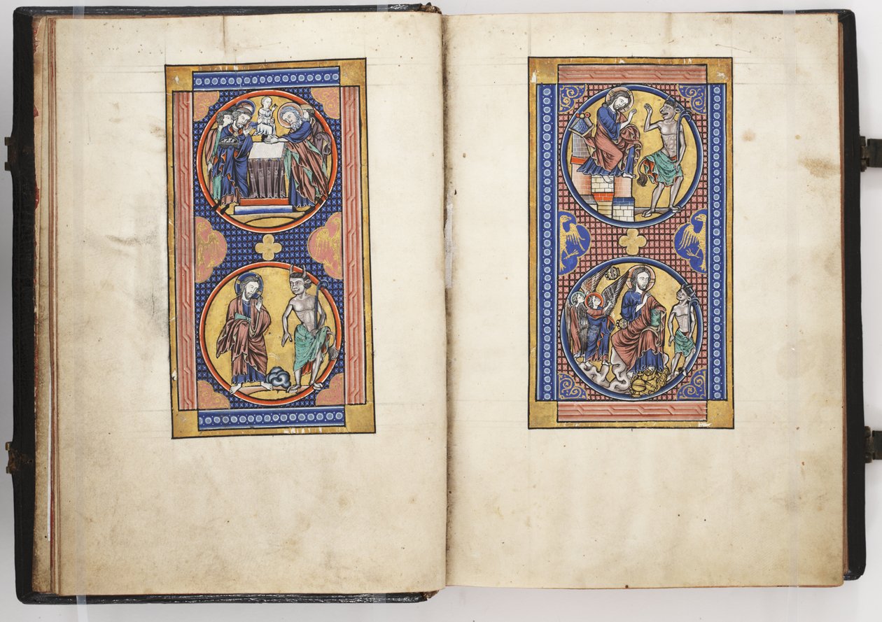 لويس سفر المزامير ff.8v-9r ، عرض في الهيكل ، وإغراءات المسيح الثلاثة ، حوالي 1225-40 (تمبرا وذهب على ورق) بواسطة المدرسة الفرنسية