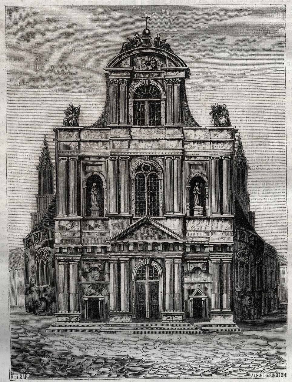 كنيسة القديس جيرفيه سانت بروتيس (Saint-Gervais-Saint-Protais) (واجهة Clement II Metezeau) باريس (الحي الرابع) نقش في "" التاريخ المادي والمدني والأخلاقي لباريس: من أقدم العصور التاريخية حتى يومنا هذا " جاك انطوان دوليور بواسطة المدرسة الفرنسية