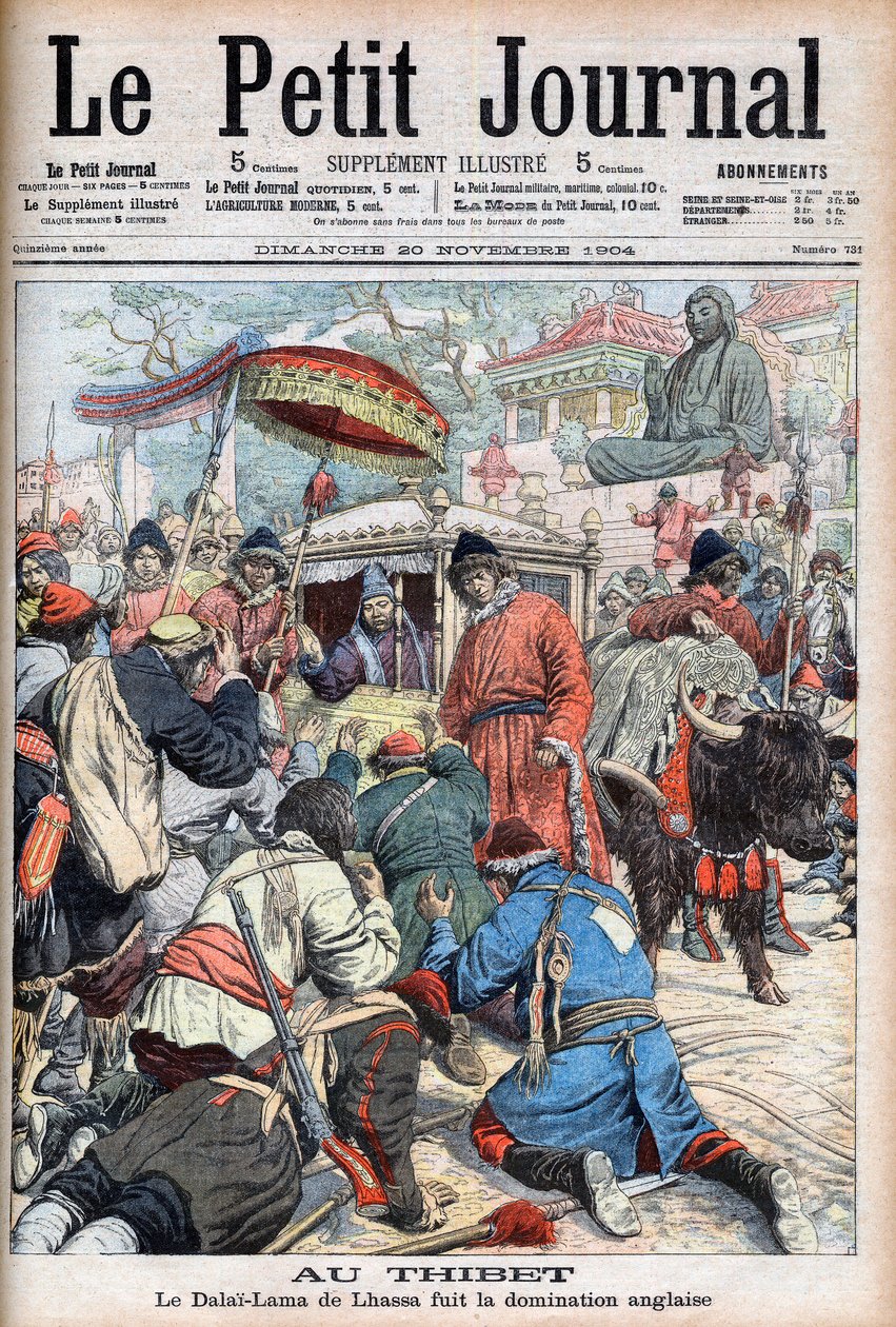 الدالاي لاما الثالث عشر في لاسا (ثوبتن جياتسو) (1876-1933) يفر من الهيمنة الإنجليزية في "لو بيتي جورنال" في 20 نوفمبر بواسطة المدرسة الفرنسية