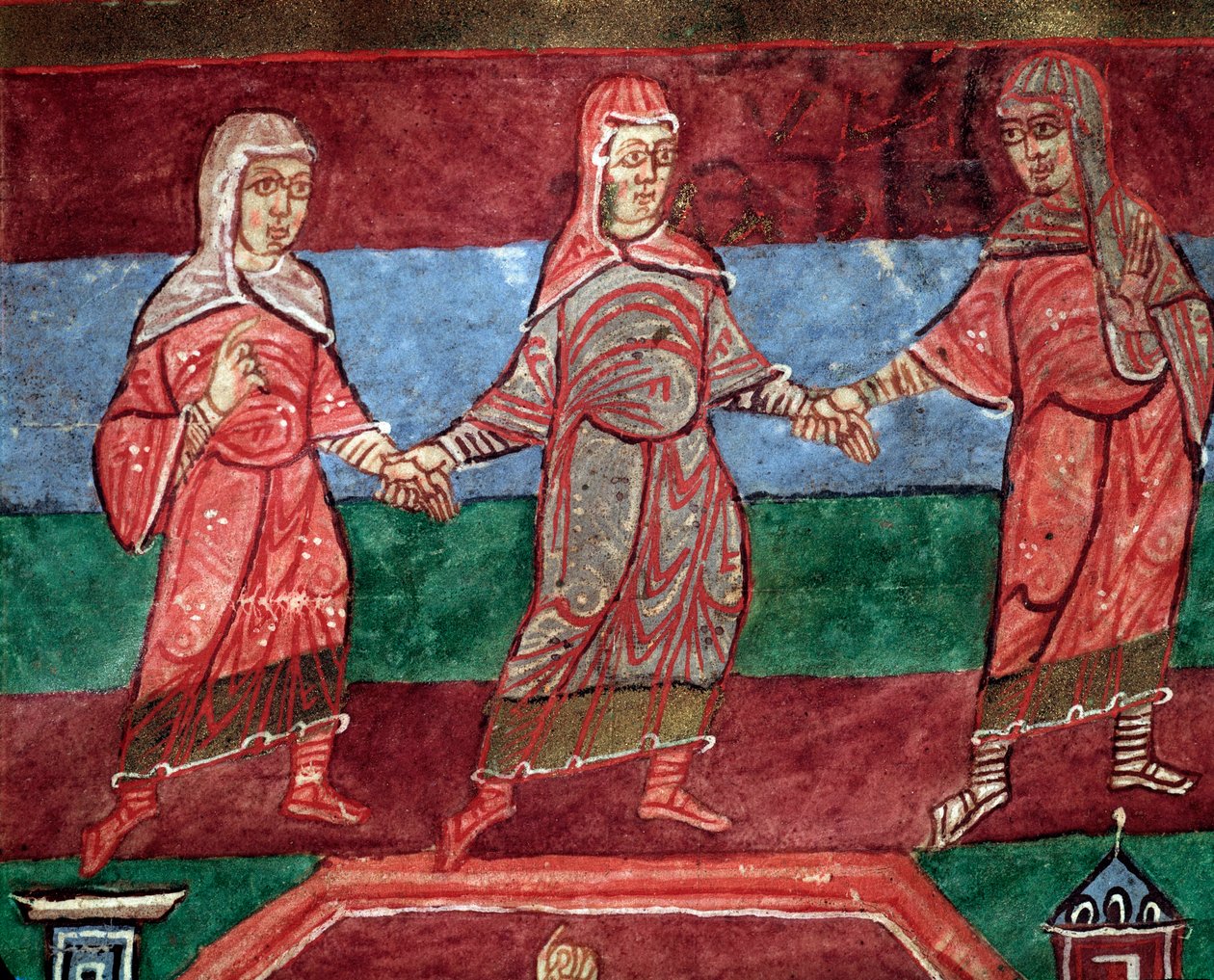 Life of st Radegund of Poitiers, women dancing and singing secular songs (miniature بواسطة المدرسة الفرنسية