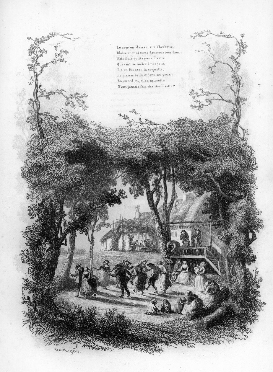 أغنية ليزيت. احتفل وارقص في قرية في الريف. نقش في "" Chants et chansons populaire de la France "" ، تومي 2 بواسطة المدرسة الفرنسية