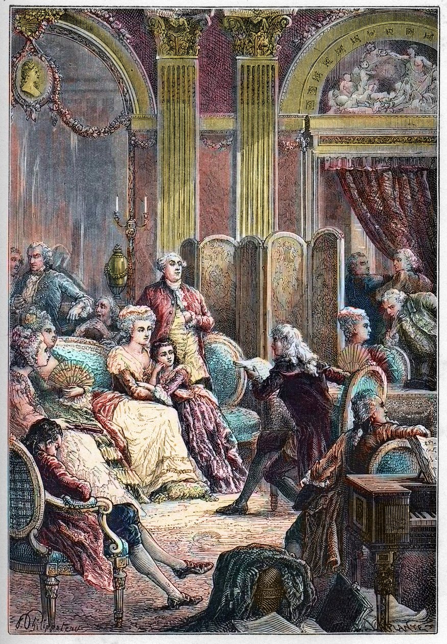 Litterary Salon - قراءة "" Paul and Virginie "" لجاك هنري برناردين من سان بيير (سان بيير) في صالونات مدام نيكر في باريس - جنبًا إلى جنب مع السيدة نيكر زوجها جاك نيكر وابنتها جيرمين ، لاحقًا ، السيدة دي Stael - ريدينغ بواسطة المدرسة الفرنسية
