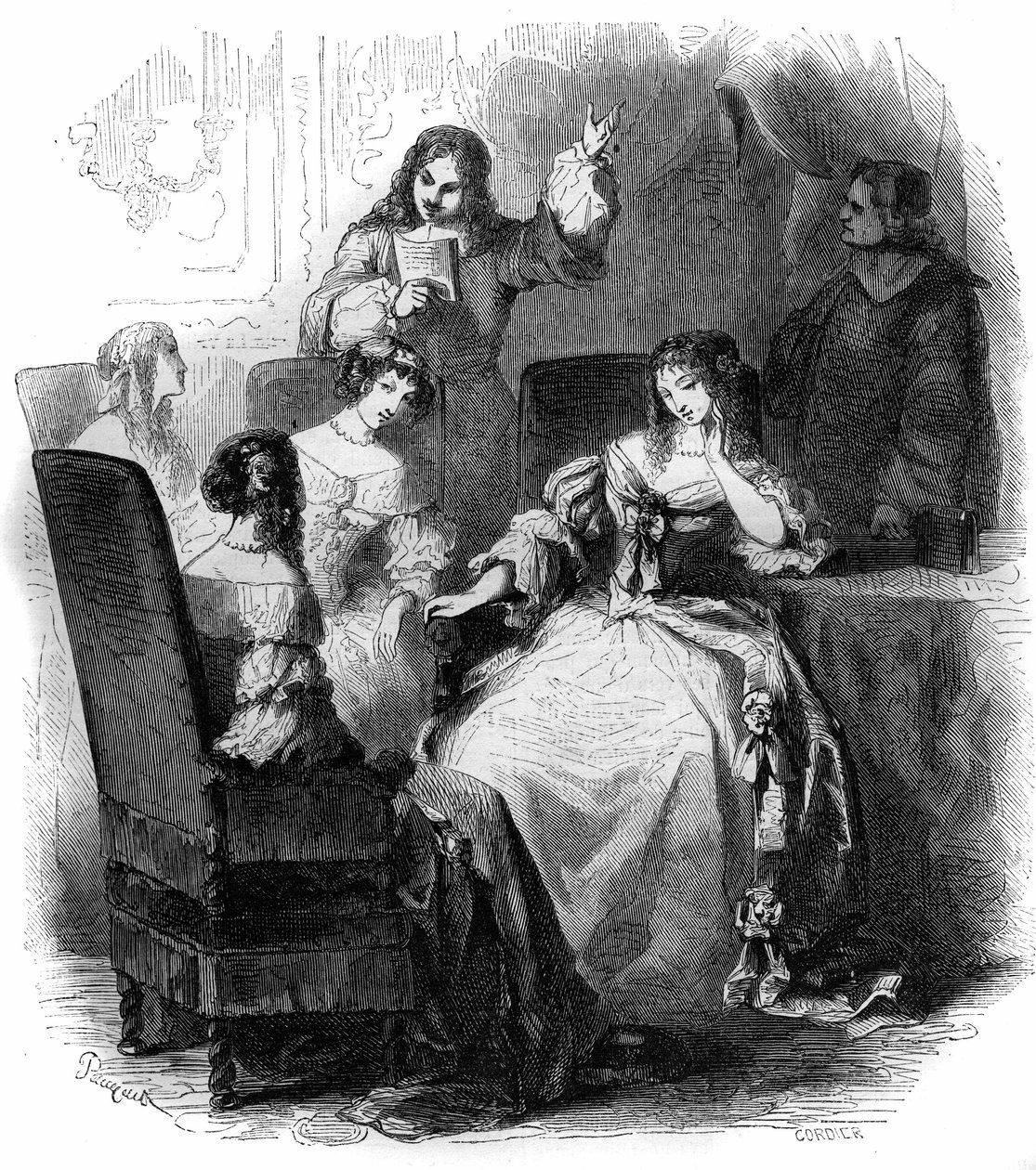 صالون Litterary: الشاعر Jean Renaud de Segrais (1624-1701) في بلاط Anne Marie Louise d'Orleans de Montpensier (1627-1693). نقش من 1856. بواسطة المدرسة الفرنسية